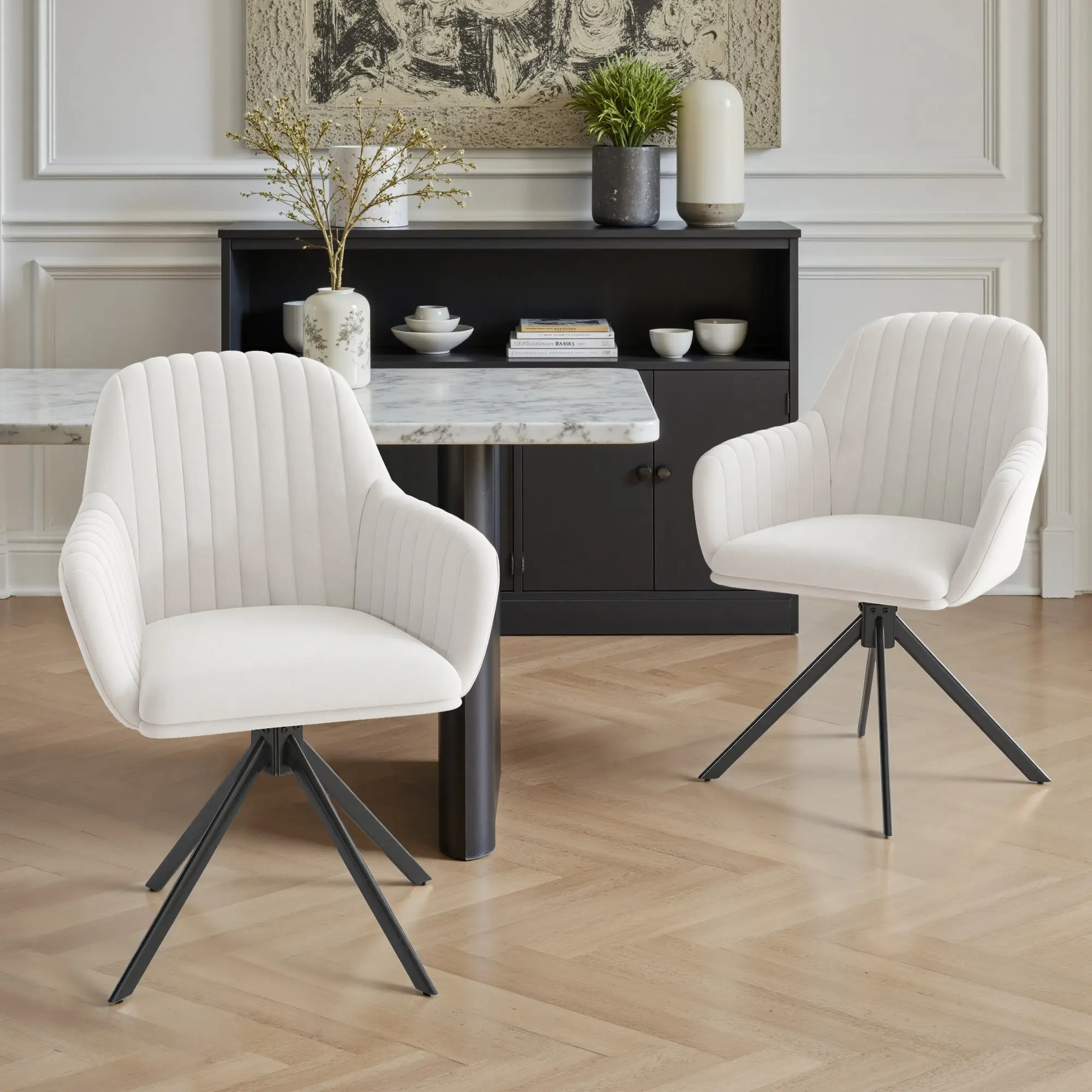 Set of 2 360° Swivel Dining Chairs, Upholstered Armchairs with High Back and Metal Legs for Dining Room & Kitchen