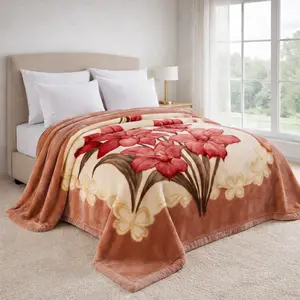 DBOZE Fleece Blanket King Size 85" x 95", 12 lbs Heavy Korean Style Mink Blanket – 2 Ply Raschel, Ultra Soft & Warm Winter Bed Blanket with Red Floral Design (Brown/Beige)