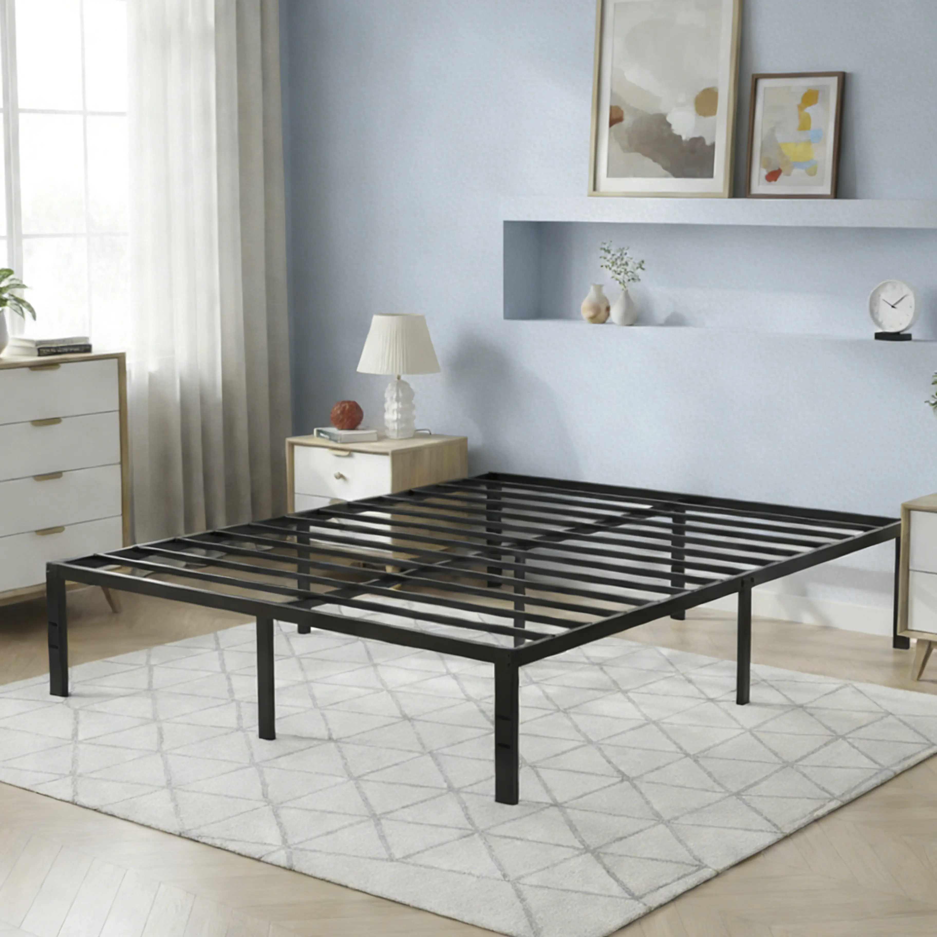 QUEEN Size Metal Bed Frame with Sturdy Slats and Center Support Legs for Bedroom, Guest Room, Dorms, or Temporary Accommodations homeessentials