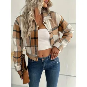Long Sleeve Flannel Cropped Shacket Plaid Button Down Shirt Jackets For Women With Lapel Pockets