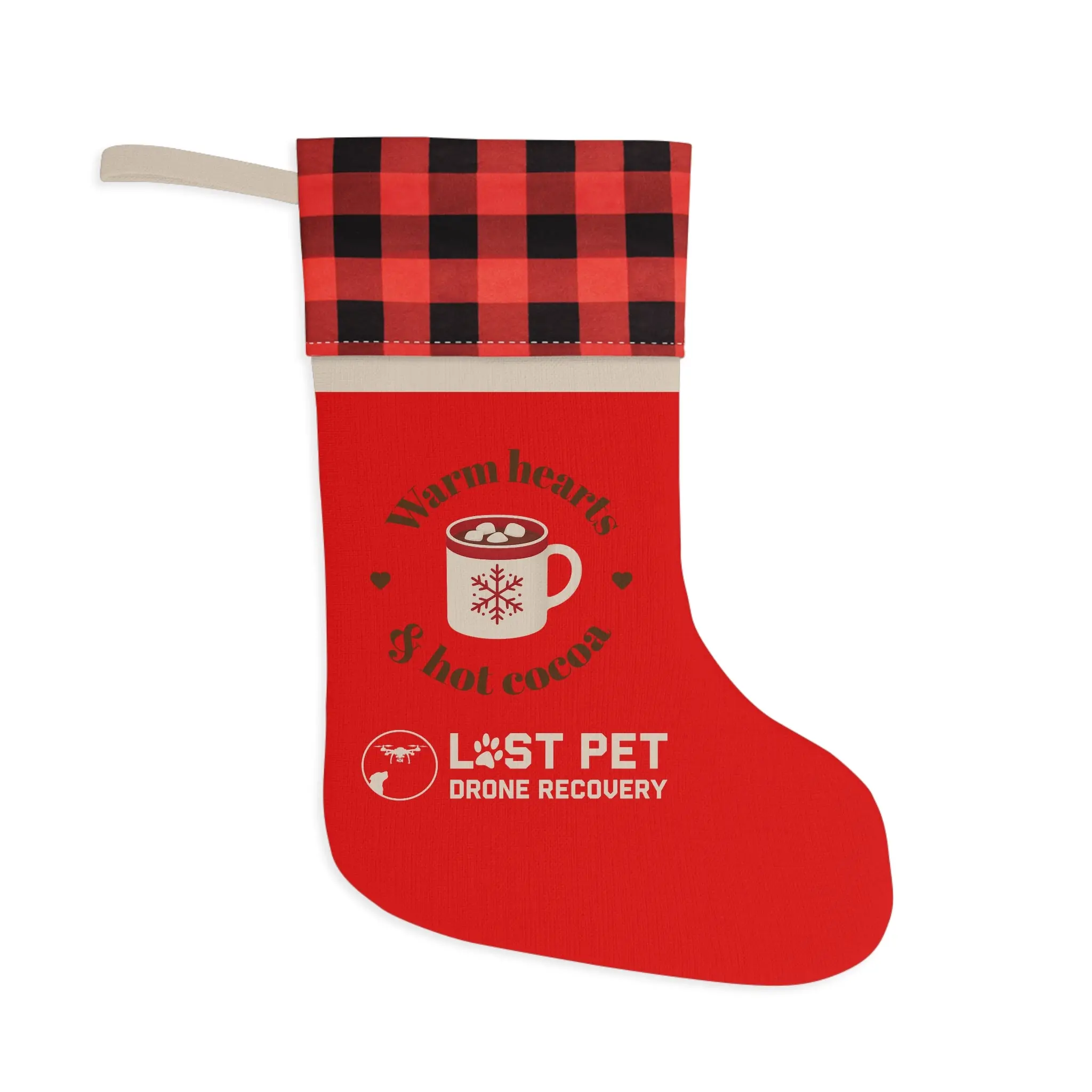 Christmas Stocking - 'Warm Hearts & Hot Cocoa' Red Plaid Holiday Stocking - Lost Pet Drone Recovery