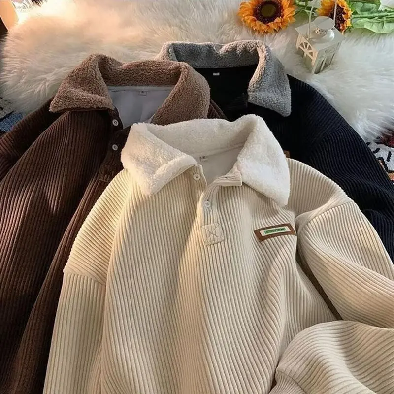 Corduroy Polo collar sweater couple autumn and winter style plus velvet thickened simple fashion lamb wool coat Comfort Long Sleeve Clothes Vintage streetwear vacation outfits
