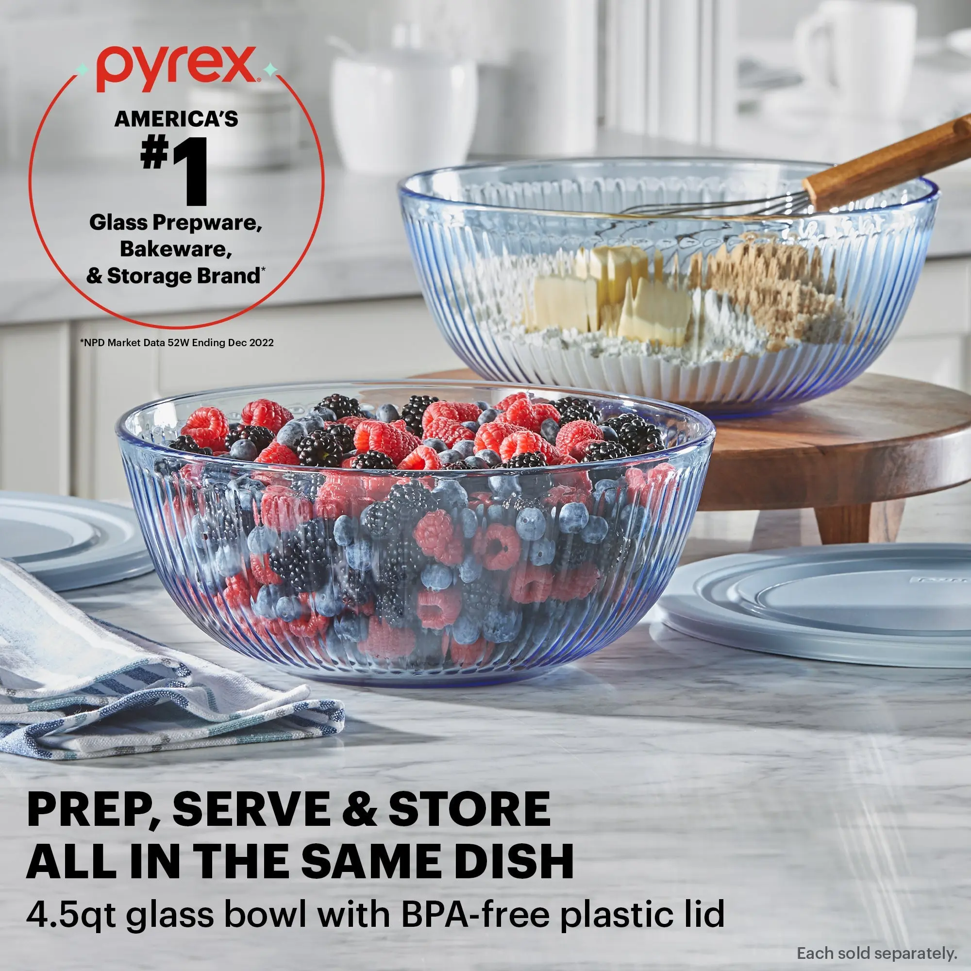 Pyrex Set Ciotola In Vetro 4.5qt Con Coperchio Blu - 7404, Miscelazione E Conservazione