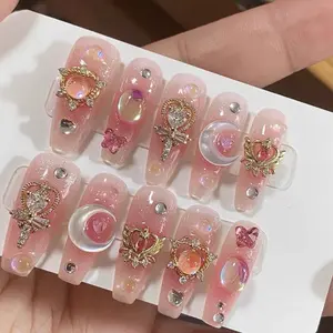 Moon Drill Wearable Nails, Youthful Sweet Girl Fake Nails, Cute Teenage Heart Nail Art, Adorable Beauty Manicure Accessories