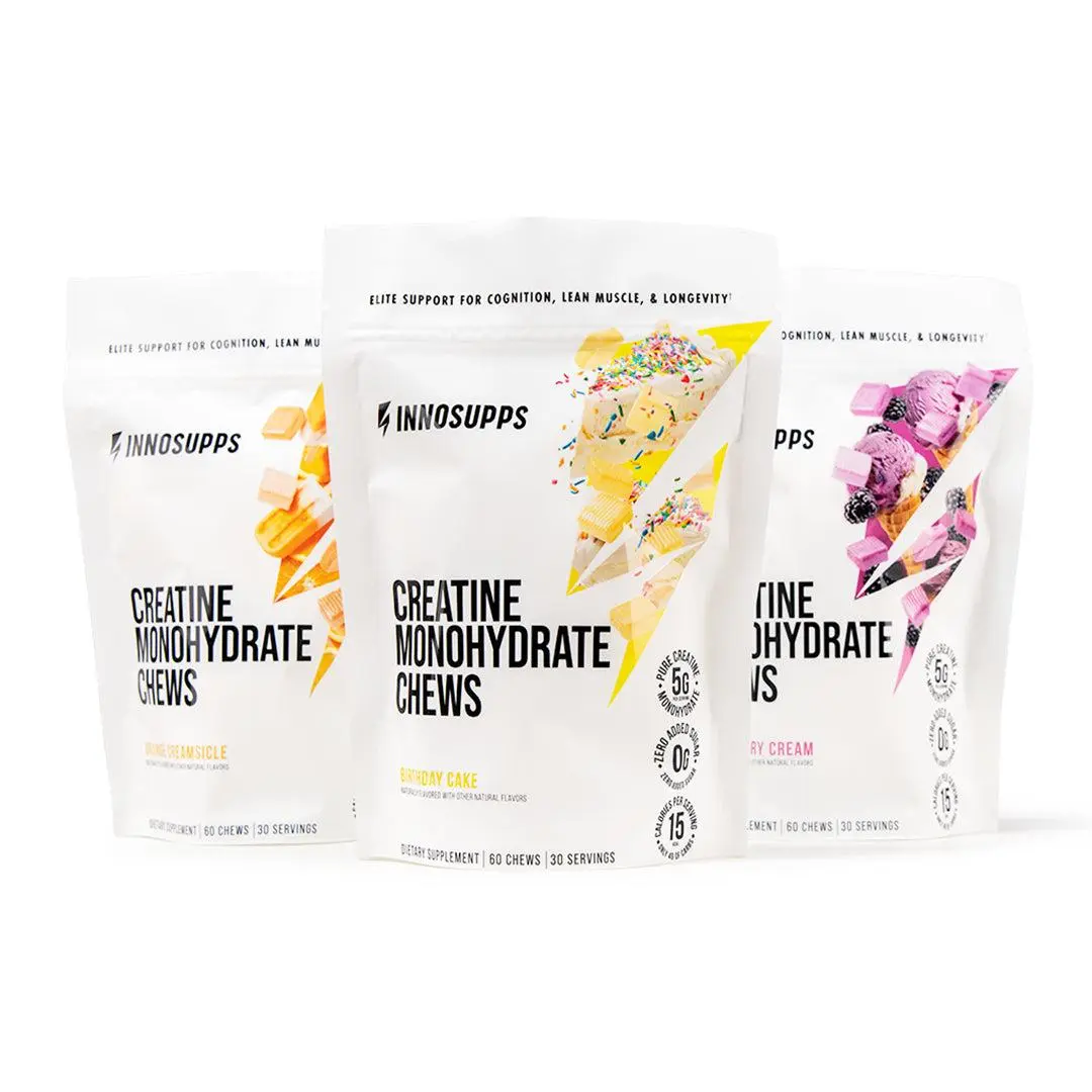 Inno Supps - 5g Creatine Chews 3-Pack Variety, Creatine Monohydrate Gummies - Supports Strength, Energy & Focus - Muscle Recovery Supplement - Convenient, Great Tasting, Sugar Free, Sucralose Free - 90 Day Supply