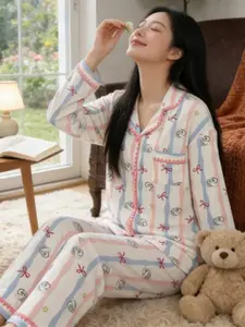 Women's Sweet Striped Bow Comfortable Cotton-Like Shell Sleepwear Set, Long Sleeve Homeewear Suit, Style Casual Pajamas
