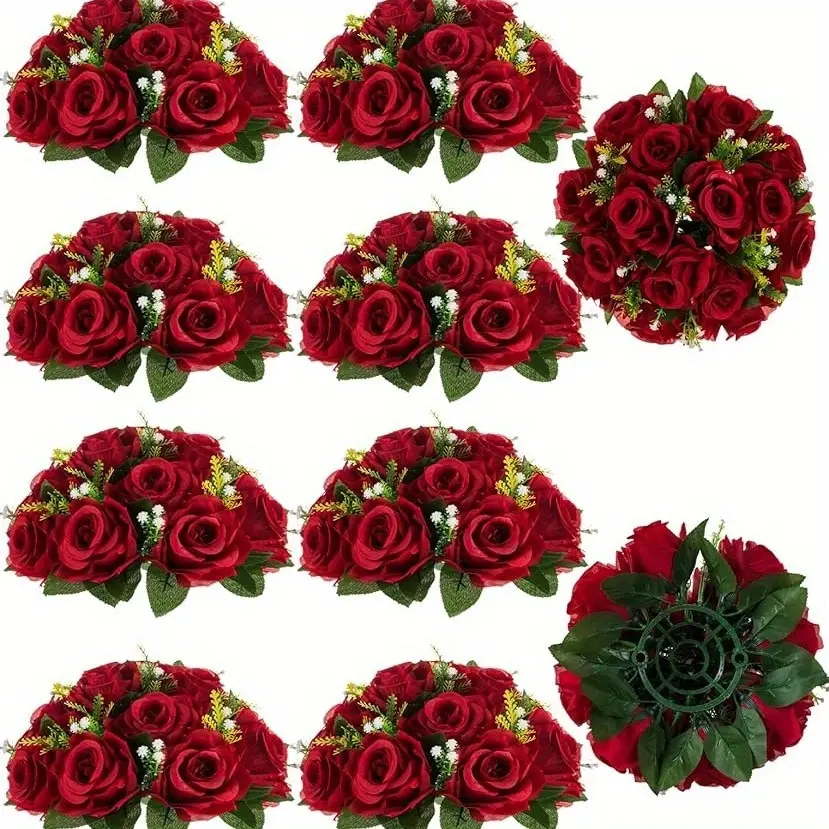 High-end cross-border simulation rose hemispherical European wedding home table decoration silk flower rose hemispherical flower, candlestick flower romantic red Decorative Artificial Flowers Realistic Faux Flowers Artificial Flower Decorations