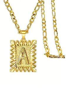 18K Gold Plated Initial Necklace, Figaro Chain, 26 Letters Available, Personalized Square Pendant, Unisex Design for Men & Women, Everyday Statement Jewelry, Thoughtful Gift for Him/Her, Perfect for Birthdays, Anniversaries & Special Occasions