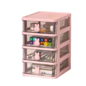 Cute 4-Tier Bunny Storage Boxes with Clear Fronts and Assorted Bunny Figures, Pink Color