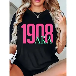 Women's Black 1908 AKA Sorority Graphic T-Shirt, Casual Short Sleeve Tee for Sorority Events & Daily Wear, Ideal for AKA Members & Enthusiasts