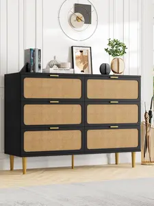 GARVEE Rattan 6 Drawer Dresser with Deep Drawers, Large Double Dresser for Bedroom, Closet, Living Room, Hallway, and Kids Room, Featuring a Wide Top and Horizontal Wooden Design in Black
