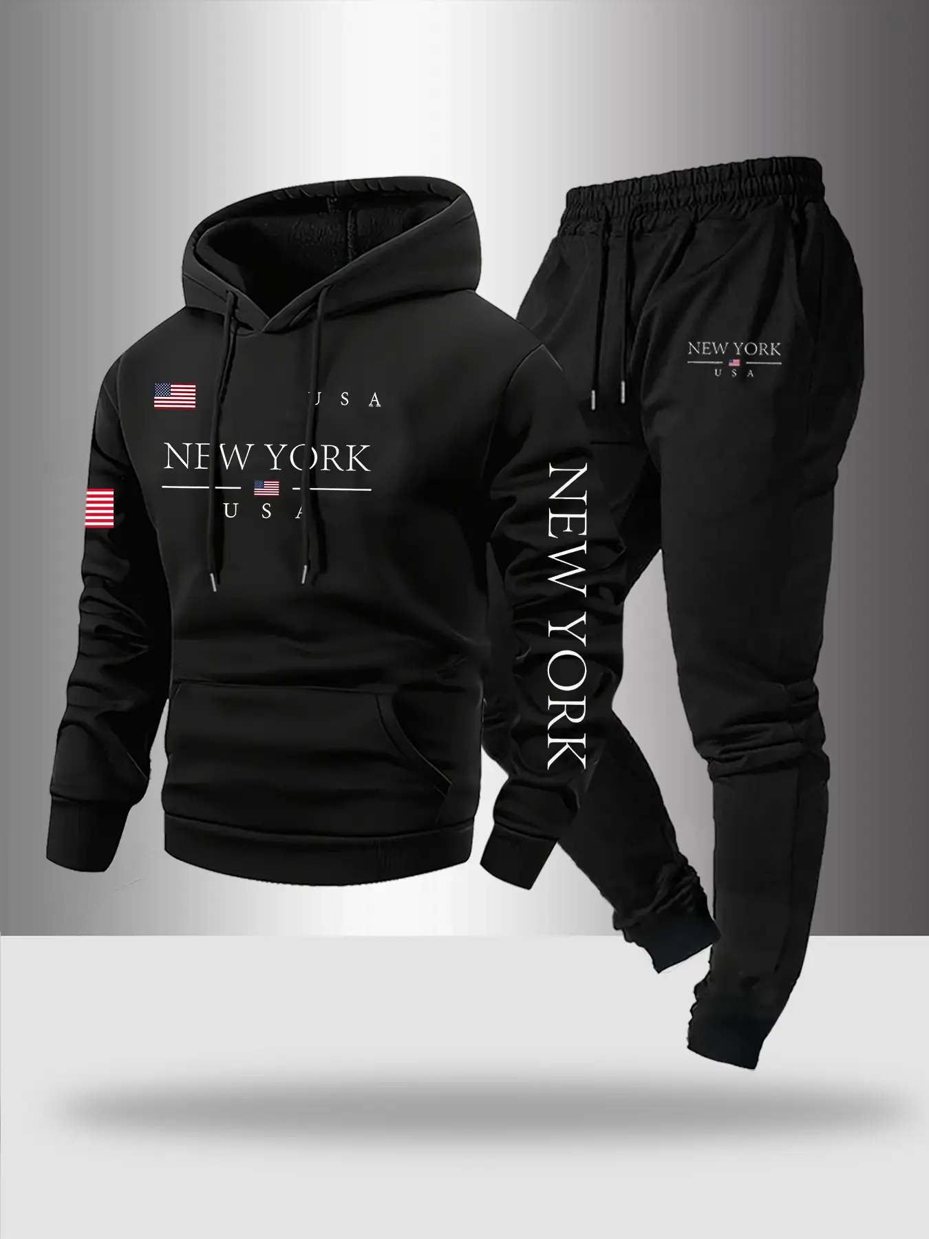 Men's Hooded Sweatshirt Set 2-Piece Letter Flag Print, Casual Loose-Fitting Long Pants, Fall & Winter Fashion, Comfortable Sportswear, Sport Clothing, Tracksuit Sweat Suits, Sweatsuit Sets