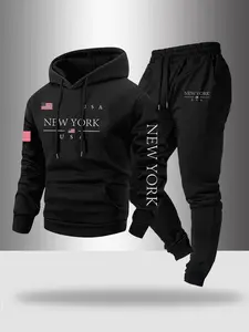 Men's Hooded Sweatshirt Set 2-Piece Letter Flag Print, Casual Loose-Fitting Long Pants, Fall & Winter Fashion, Comfortable Sportswear