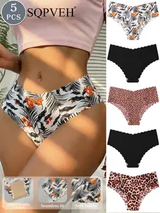5 Pack Women's Leopard & Leaf Print Seamless Soft Hipster Briefs Underwear