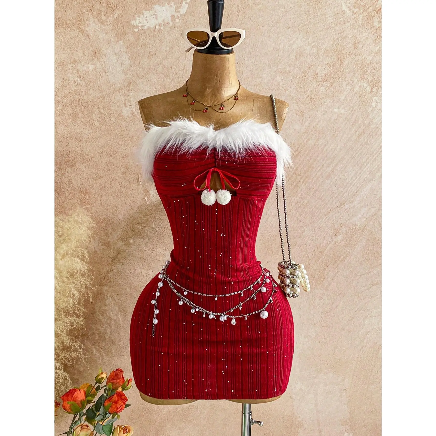 Women's Elegant Glitter Striped Textured Knit Fabric Furry Patchwork Strapless Cutout Ruched Snowflake Furry Ball Decor Bodycon for Festive Occasions
