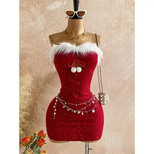 Women's Elegant Glitter Striped Textured Knit Fabric Furry Patchwork Strapless Cutout Ruched Snowflake Furry Ball Decor Bodycon for Festive Occasions