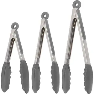 Kitchen Tongs for Cooking with  Tips, Heat Resistant Tongs for Serving , 7-Inch, 9-Inch, 12-Inch Locking  Tong, Set of 3 Salad Tong, Grey Kitchen Utensils