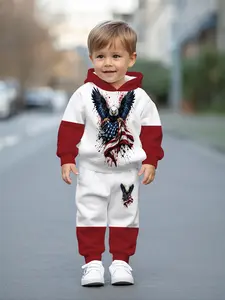 Ink-wash style bald eagle national flag digital printed hooded sweatshirt set for baby boys, casual and comfortable, perfect for daily outings, a trendy and versatile gift for little boys
