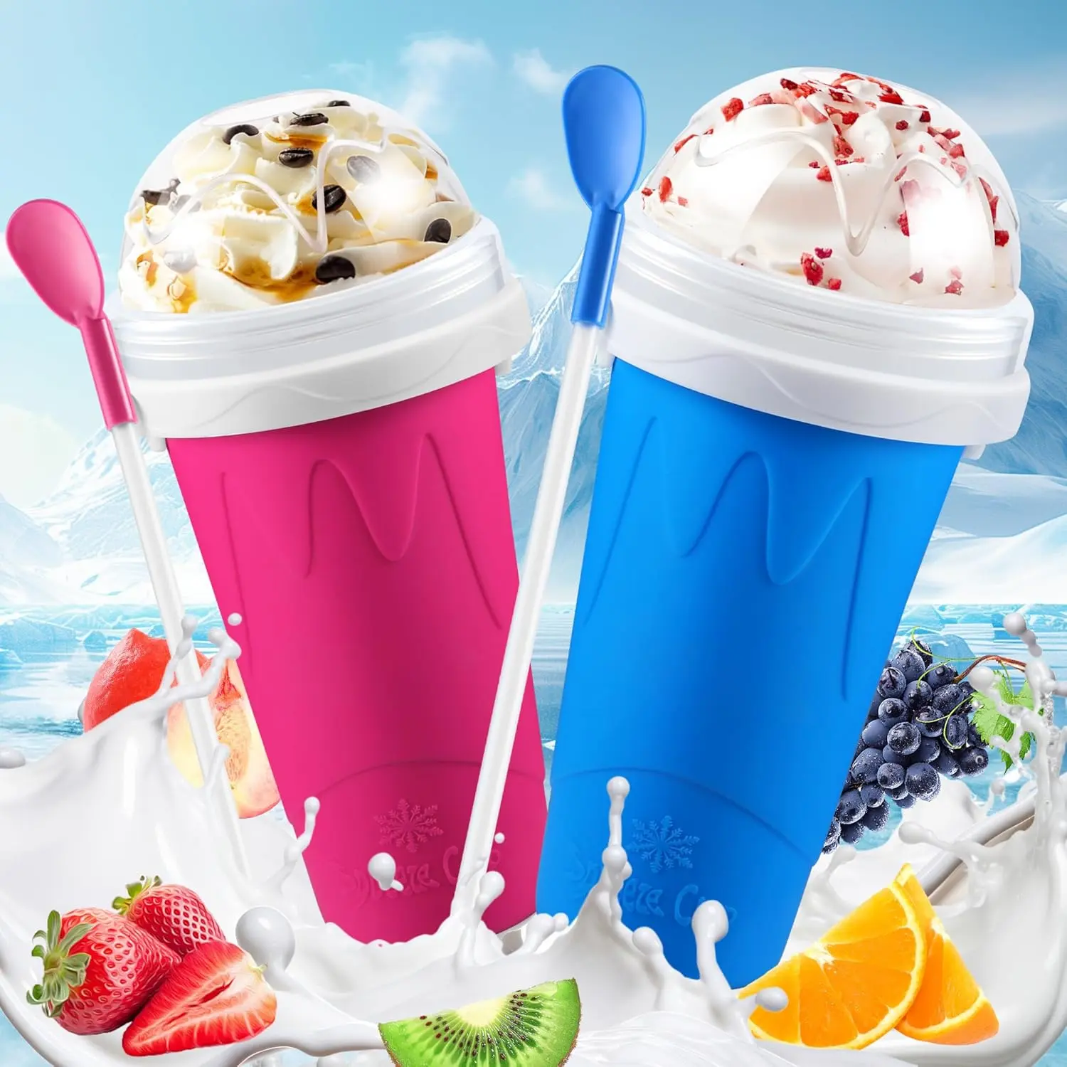 2Pack Slushie Maker Cup, Quick Magic Squeeze Smoothies Cup, DIY Frozen Slushy Cups, Juice Milk shake Yogurt Ice Cream Maker, Double Layers Cooling Cups, Cool Fun Gifts (Blue&Pink)