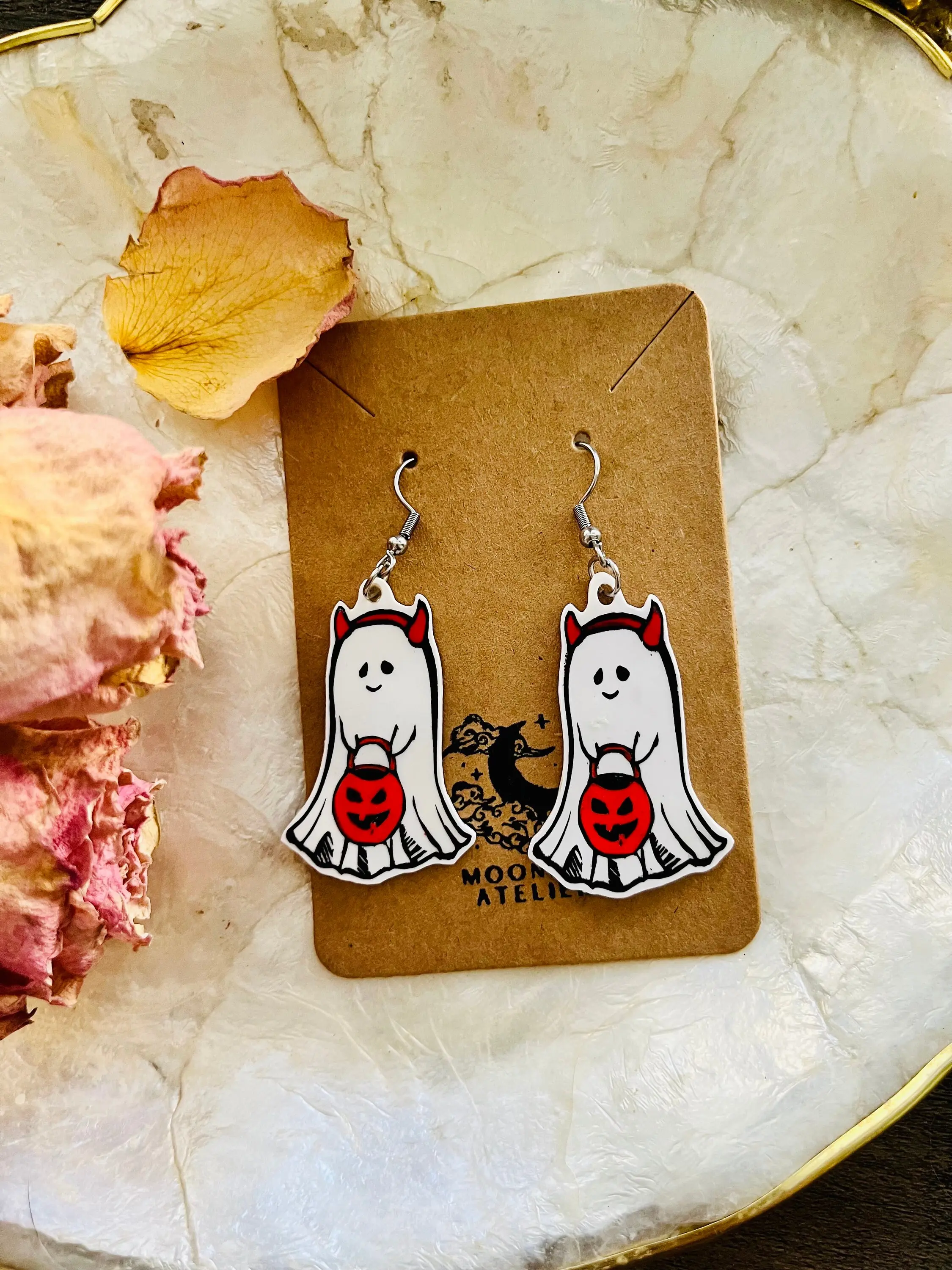Trick or treating ghost dressed as devil dangle shrink plastic earrings - Halloween inspired