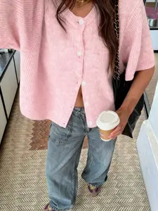 Women's Gray Short Sleeve Knit Cardigan, Loose Drop Shoulder Fit, Ribbed Texture Fabric, Single Button Front, Casual Lazy Style, Perfect for Daily Commute, Coffee Shop Outings & Streetwear, Versatile Basic Piece for Spring & Fall, Trendy Minimalist Aesthe