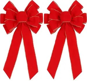 2 Pack Red Christmas Bows Outdoor Decorations, 12”x20” Large Tree Topper Bow with Glitter Gold Edge Gift Velvet