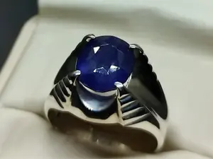 Natural Deep Blue Sapphire Mens Elegant Ring | Sterling Silver 925 Handmade Neelam Band