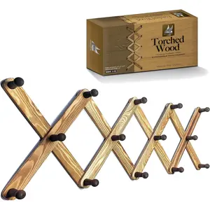 Expandable Wooden Coat Rack Hanger - Accordion Wall Hanger with Expanding Wall Pegs |   Hand Made Vintage Wooden Hat Rack for Wall |   Hang Coat, Jacket, Hat |   Wall Rack – 14 Hook, Torched Wood