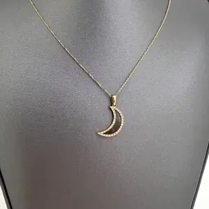 14KT Yellow Gold Shell Pearl Shell and Diamonds Moon Necklace Elegant Moon Design 585/14K Gold Pearl & Diamond Pendant