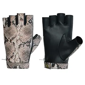 Men Python Snake Embossed Leather Gloves Fingerless Beige Black