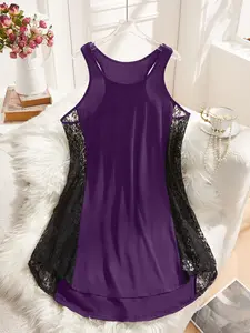 【Plus Size】 Contrast Lace Sheer Dress, Casual Scoop Neck Sleeveless Short Dress for Daily Wear, Women's Sleepwear for All Seasons, Sleeveless Nightdress