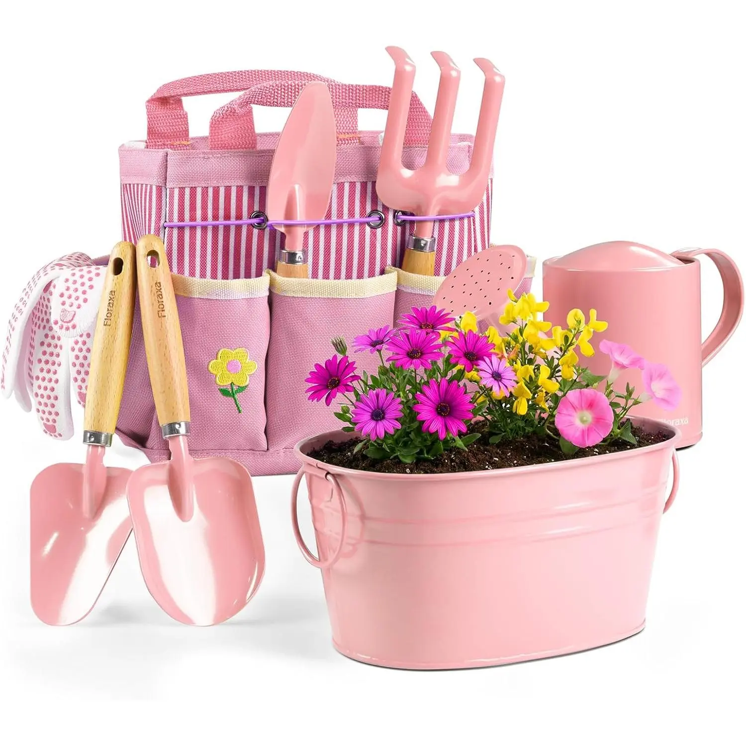 8Pcs Kids Gardening Set with Metal Basket & Real Metal Tools, STEM Outdoor Exploration Kit, Ergonomic Wooden Handles, 3 Shovels, Rake, Watering Can, Gloves, Tote Bag, Toy Gift for Toddler Boys Girls