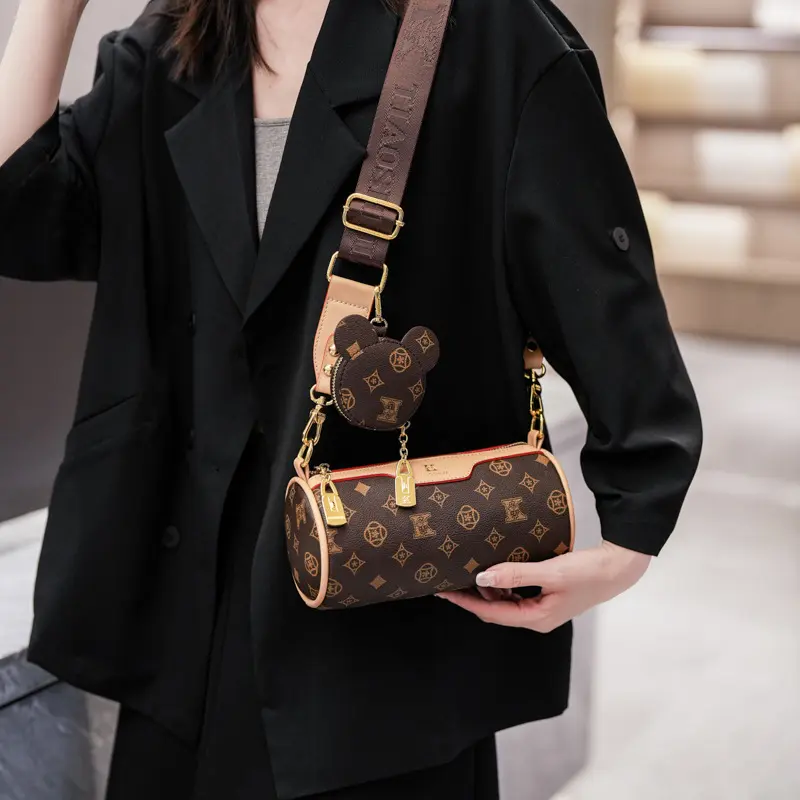 Vintage Monogram Cylinder Crossbody Bag With Mickey Coin Purse Adjustable Wide Strap Women Shoulder Handbag