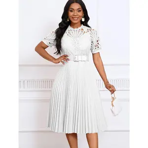 Women's fashionable solid color short sleeved lace trimmed pleated dress, elegant formal workwear, chic