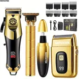 MOVATEK Men's 4/3-Piece Smooth Hair Cutting Kit, Cordless Barber Trimmer Set with Electric Shaver, Nose Hair Trimmer, 0-Gap Equipment, USB Charging, LCD Power Display, Fine Groomer, Beard Styling Tool, Mens Gifts for Boyfriend Dad (Birthday, Father's Day)