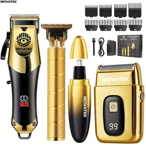 MOVATEK Men's 4/3-Piece Smooth Hair Cutting Kit, Cordless Barber Trimmer Set with Electric Shaver, Nose Hair Trimmer, 0-Gap Equipment, USB Charging, LCD Power Display, Fine Groomer, Beard Styling Tool, Mens Gifts for Boyfriend Dad (Birthday, Father's Day)