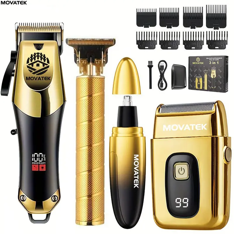 MOVATEK Men's 4/3-Piece Smooth Hair Cutting Kit, Cordless Barber Trimmer Set with Electric Shaver, Nose Hair Trimmer, 0-Gap Equipment, USB Charging, LCD Power Display, Fine Groomer, Beard Styling Tool, Mens Gifts for Boyfriend Dad (Birthday, Father's Day)