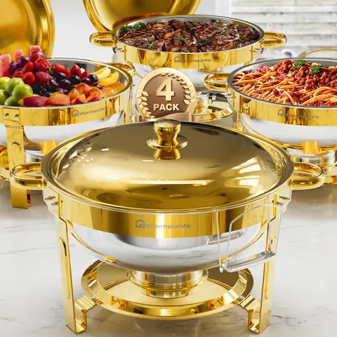 [FallDealsForYou] WARMOUNTS Gold 5QT Round Stainless Steel Chafer & Warmer Set - 5qt Main Dish Buffet Cookware with Lid Holder, Safe Rolled Rim, Heat-Stable Mirror-Polish Look Casserole Dishes (2/4 Pack) for Catering (Serves 5+ 5+ Guests)