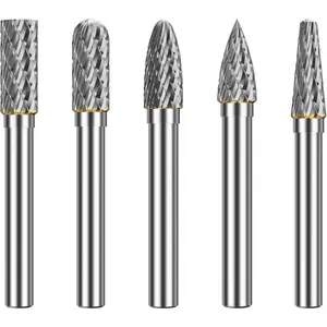 Carbide Rotary Burr Set for Dremel, 5 count Carbide Double Cut Carving Burr Bits with 1/4" Shank Rotary Tool Accessories for Woodworking, Engraving, Drilling, Steel Metal Working,8mm