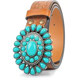 Women Western-Turquoise-Belt Embossed-PU-Leather-Cowgirl-Belt Applies-Jeans-Pants-Dresses for Rodeo-Country-Concert