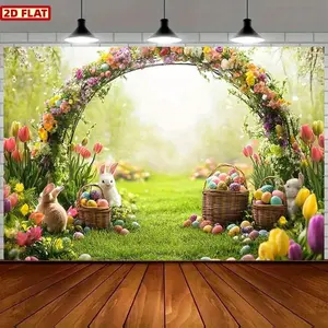 1PC,2D Flat Easter Themed Photography Backdrop, Spring Garden with Rabbits & Colorful Eggs, Decorative Background for Kids' Parties, Festival Decoration, High - Definition Hanging Photo Backdrop