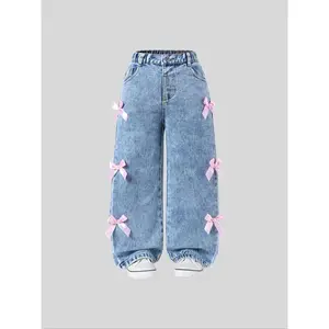 Toddler Girl's Bow Decor Jeans, Cute Comfy Trousers Daily Wear, Kids Bottoms All Seasons, Casual Comfy Jeans, Wide Leg Cuffed Jean Y2K Washed Ripped Wide Leg Jeans boho earthy girl clothes teen girl clothes girly clothing