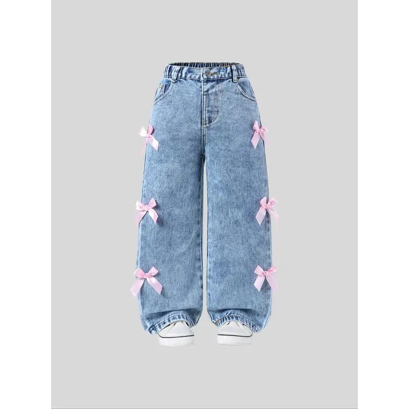 Toddler Girl's Bow Decor Jeans, Cute Comfy Trousers Daily Wear, Kids Bottoms All Seasons, Casual Comfy Jeans, Wide Leg Cuffed Jean Y2K Washed Ripped Wide Leg Jeans boho earthy girl clothes teen girl clothes girly clothing