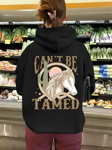 Women's Horse & Letter Print Drawstring Hoodie, Casual Long Sleeve Kangaroo Pocket Hoodie for Fall & Winter, Yoga Hoodie, Women's Clothes for Daily Wear