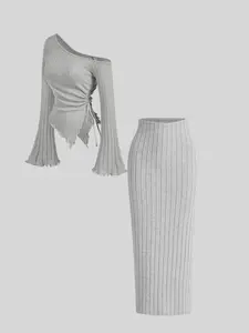 Elegant Comfortable Fitted Multifunctional Irregular Shoulder Design Women's Long Sleeve Half Maxi Dress Set, Stylish and Versatile