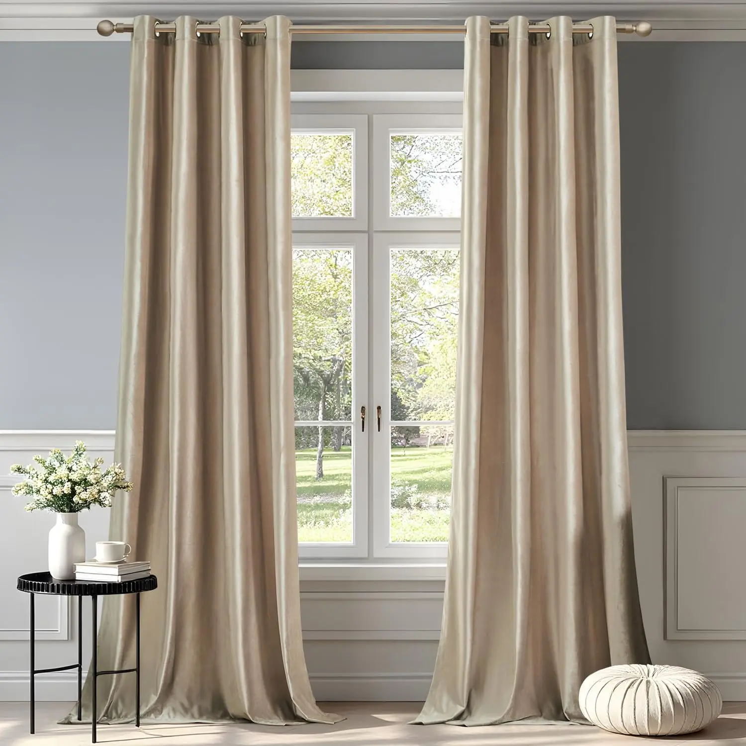 Glam Classic Champagne Beige High-Density Velvet Fabric Darkening Curtains Set of 2, 120in Thermal Soundproof Grommet Top Drapes - Ceiling-Mount, Privacy-Focused for Living Room, Bedroom (Do Not Bleach)