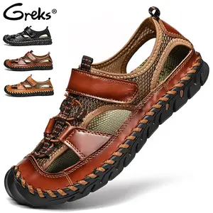 GREKS Men's Outdoor Sandals - Adjustable Strap, Toe Protection, Mesh Upper, Brown & Black, Summer Comfort Breathable Shoes