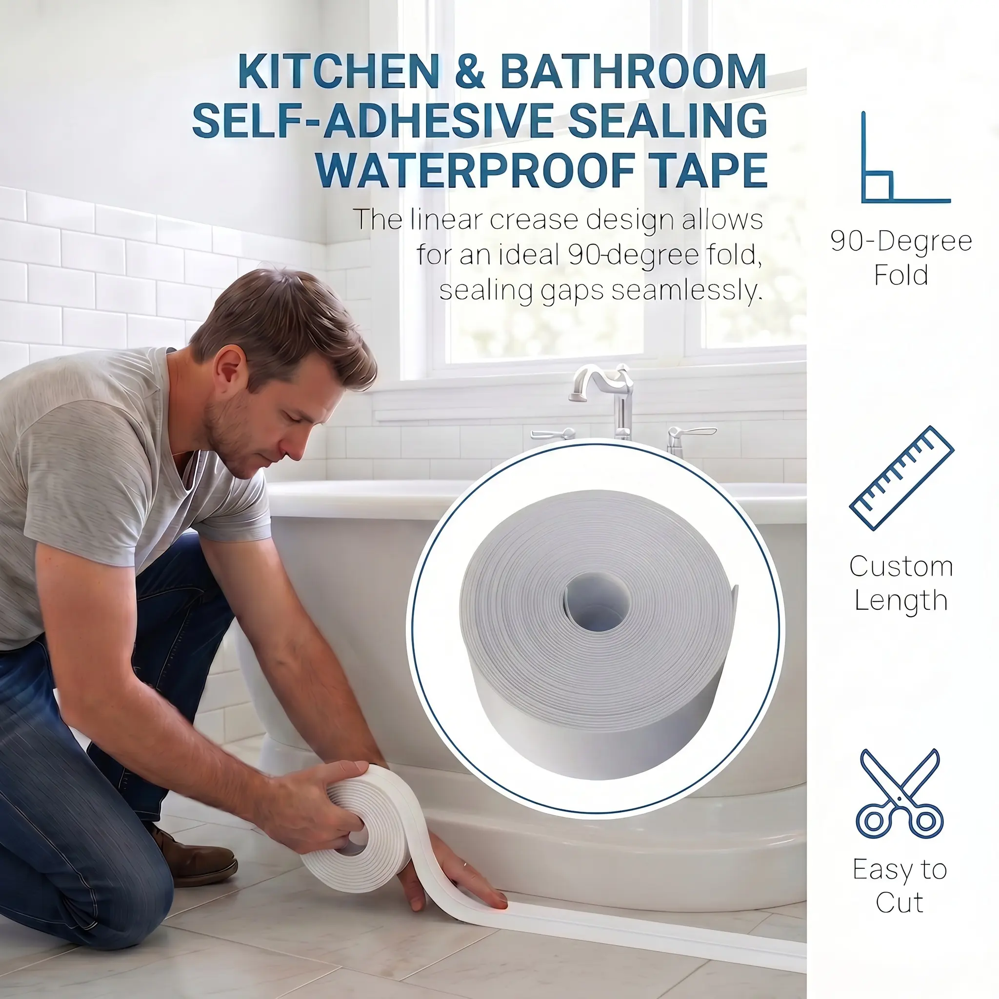 1 PCS Self-Adhesive White Caulk Tape  Roll PE Invisible Sealant Strip with Strong Adhesion, Waterproof, Easy-to-Apply for Bathroom Accessories, Kitchen Edge Protection-YY0