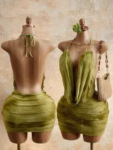 Deep V halter open-back ruched bodycon mini dress, bohemian vacation style, pure-yet-sexy hot girl vibe. Perfect seaside holiday dress for beach outings, dates, nightclubs and parties.