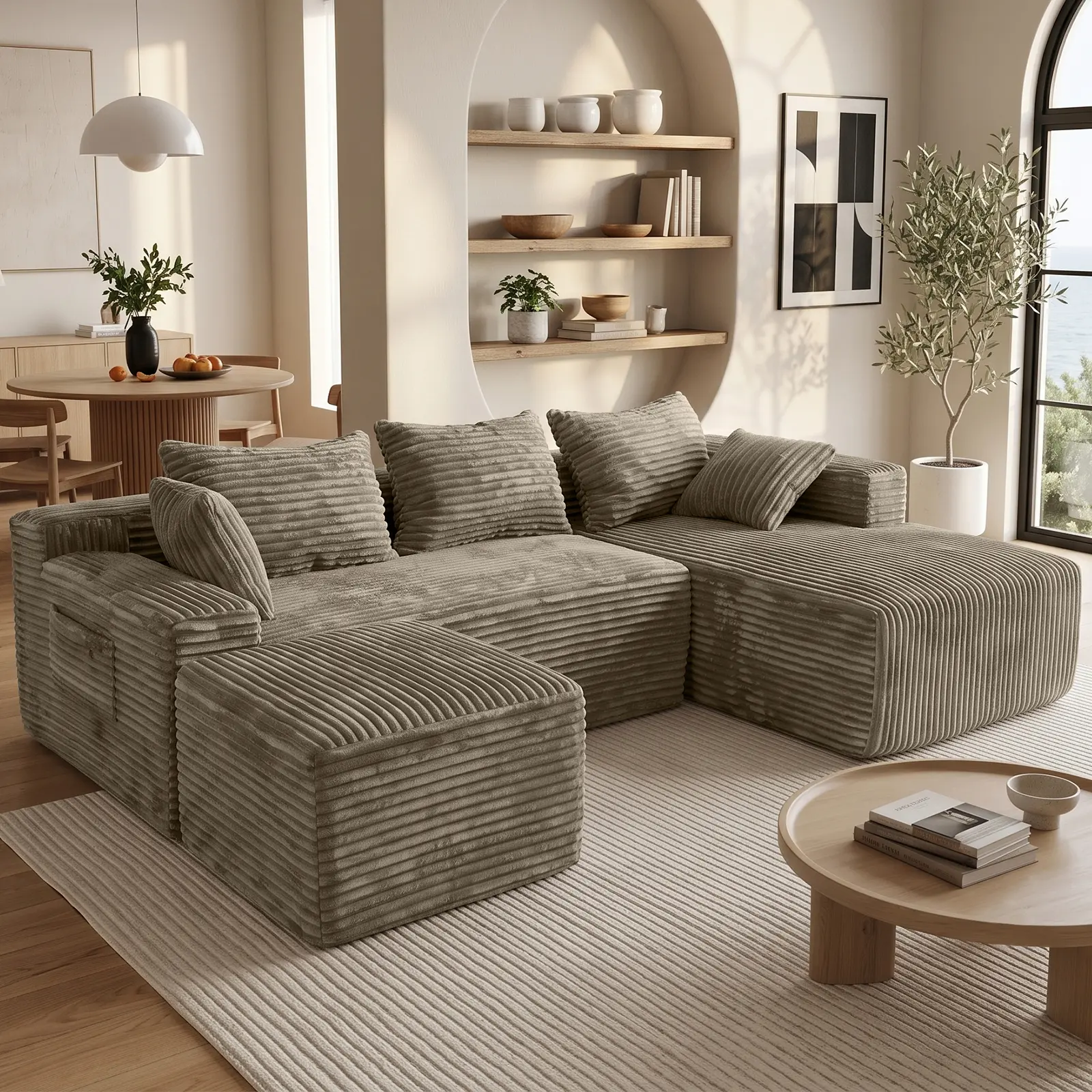 94.5" Corduroy Double Chaise Sectional Boxes Sofa, Modular Modular High-Density Memory Foam Cloud Couch with Storage Pocket for Living Room Furniture
